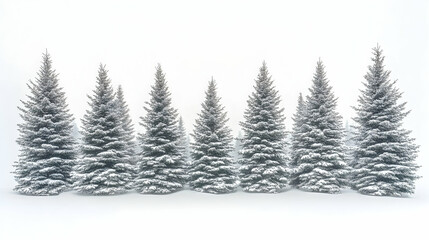 Obraz premium A row of snow-covered pine trees stand tall against a white background
