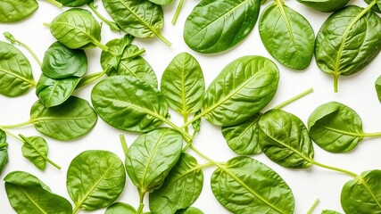 Fresh Baby Spinach Leaves on White Background, Flat Lay