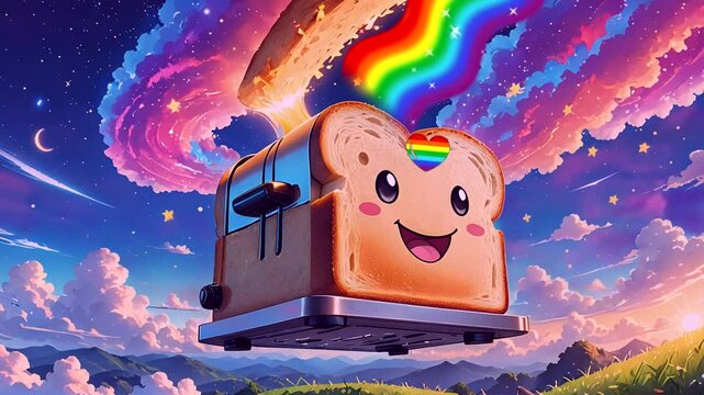 Happy toast flying out of toaster with rainbow trail in magical sky