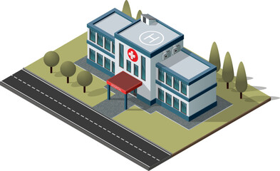 Hospital and ambulance building. isometric illustration. EPS 10 vector.