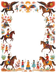 Ornate Mongolian Naadam Festival Frame Illustration PNG on Transparent Background,Horseman, Eagle Clipart Design,Cultural Event Graphic