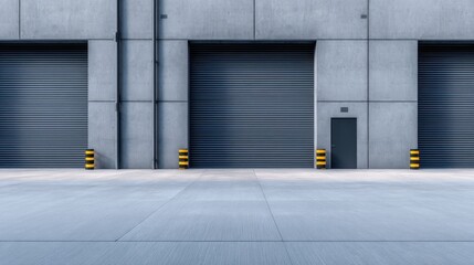 Industrial warehouse exterior featuring large roll-up doors and smooth concrete flooring