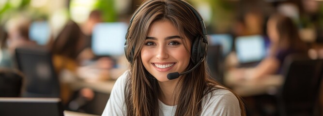 A cheerful customer service representative is working in a call center, wearing a headset and viewing a computer screen while smiling as she assists customers