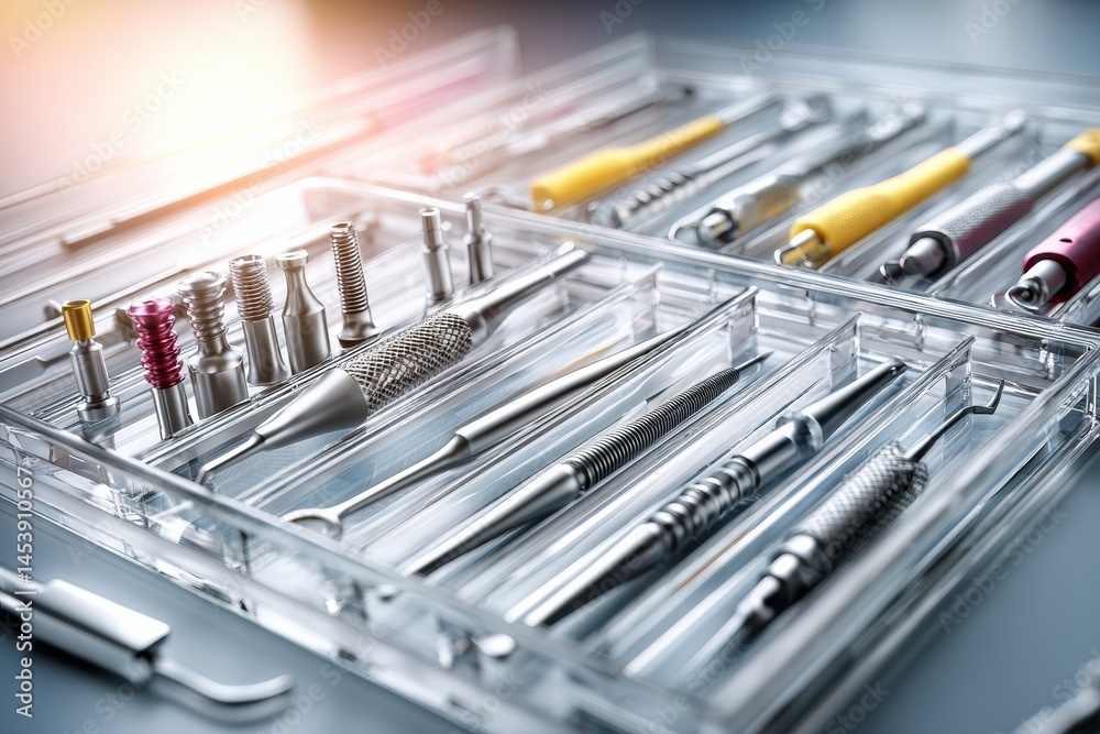 Poster organized dental tray with implants and surgical tools under soft lighting in a clinical setting gen