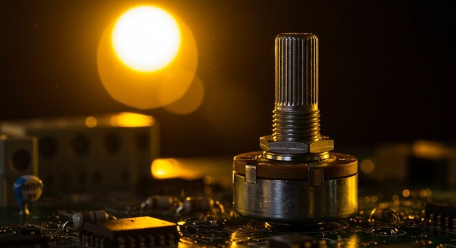 Illuminated potentiometer atop circuit board highlighting electronic component