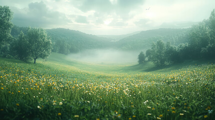 Soft Focus Dreamy Landscape Background Ultra Real rendering of rolling meadows dissolving into pastel lavender and cream under a soft-focus veil of dawn�s gentle radiance, evoking peaceful reflection 