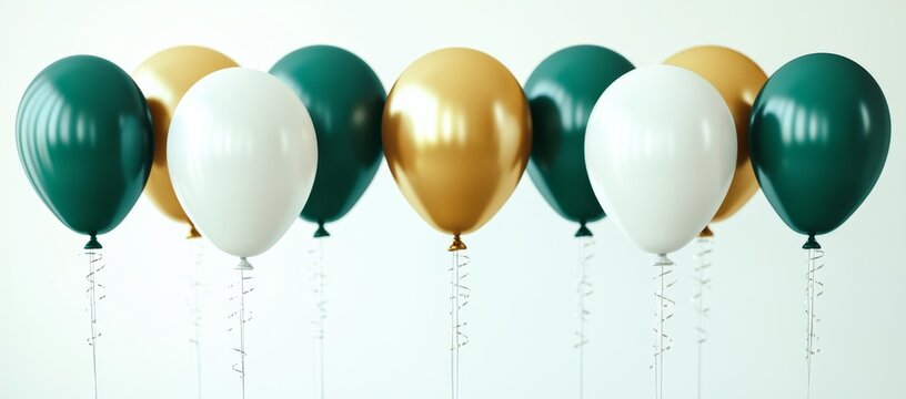 A birthday party decoration image featuring green and white balloons tied with golden ribbons set against a light background for use as a celebration or holiday banner design template