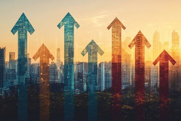 Image representing business growth or financial success, featuring an abstract background with upward-pointing arrows and blurred city buildings