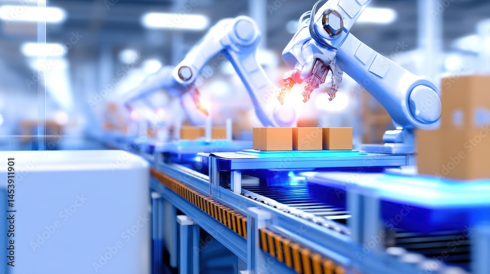 Poster robots assembling boxes on a conveyor belt in a high-tech warehouse with automated systems
