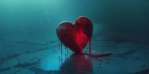 Glistening Red Heart Dripping in Misty Blue Emotional Atmosphere

