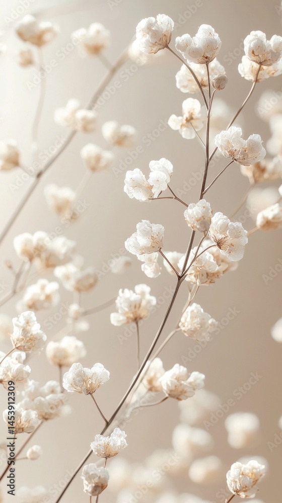 Poster small white flowers with a gentle appearance are showcased against a neutral backdrop, evoking tranq