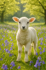 Obraz premium White lamb standing in blooming spring meadow with flowers