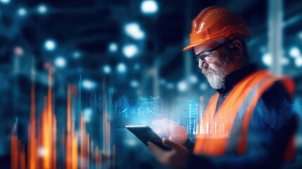Engineer in safety gear analyzing data on a tablet in a modern industrial setting