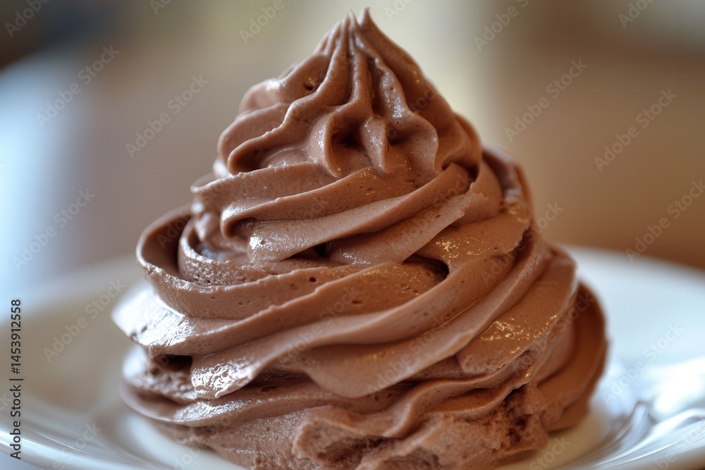 Poster A close-up of a swirl of rich chocolate dessert, inviting with its smooth texture and delicate ridges on a white plate.