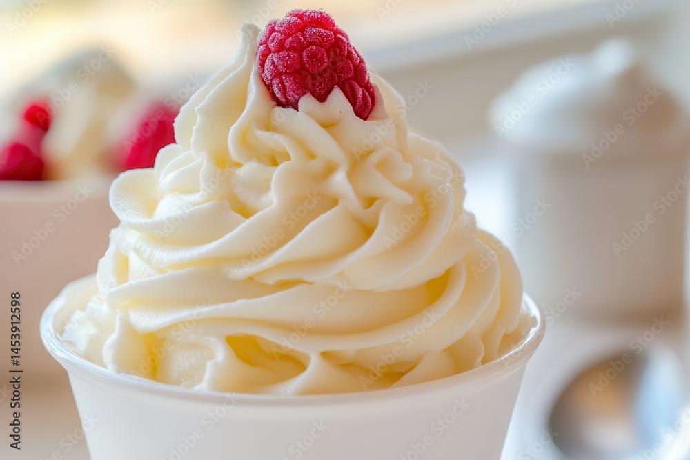 Poster Frozen yogurt cup with a big swirl of soft serve and a fresh raspberry on top. Close up of the dessert with a blurry background.