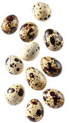 Quail eggs floating on transparent background with realistic texture and natural lighting