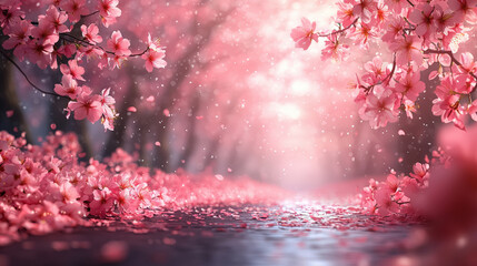 Spring blossom parade with vibrant cherry blooms drifting across a soft pastel canvas, evoking the fleeting beauty of sakura petals under a luminous dawn sky and gentle spring breeze background jpg