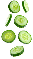 Fresh cucumber slices falling on transparent background