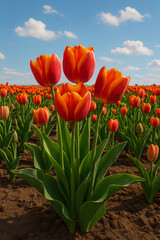 Fototapeta premium Field of red and orange tulips under blue sky in spring