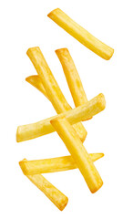 Multiple french fries falling with transparent background