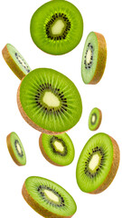 Fototapeta premium Kiwi slices falling on transparent background