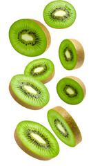 Fototapeta premium Fresh kiwi slices falling on transparent background