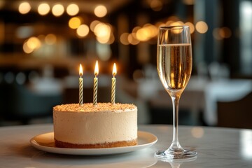 In the foreground of an elegant dining table setting, a simple round white cake with candles on it is situated, while a woman holding a champagne glass is visible in blurred focus in the background