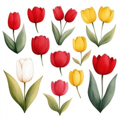 Obraz premium Colorful Watercolor Tulips Arrangement on White Background