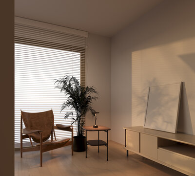 Living area with scandinavian armchair,side table,plant and cream cabinet with empty frame and window with blind in dusk or evening mood with 3d render illustrator.