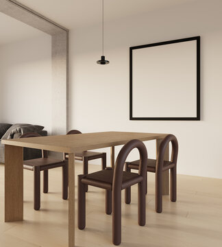 Minimal modern room dining area connect with grey sofa in living area with wood table red brown chair and minimal pendant lamp in front of empty frame in sunny mood with 3d render illustrator.