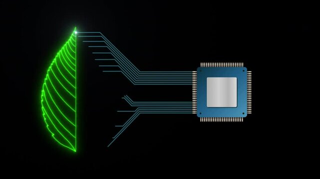 Abstract futuristic animation showing the seamless connection between a green leaf and a integrated circuit, symbolizing harmony of technology and nature, concepts, ideas, 4k, alpha channel    