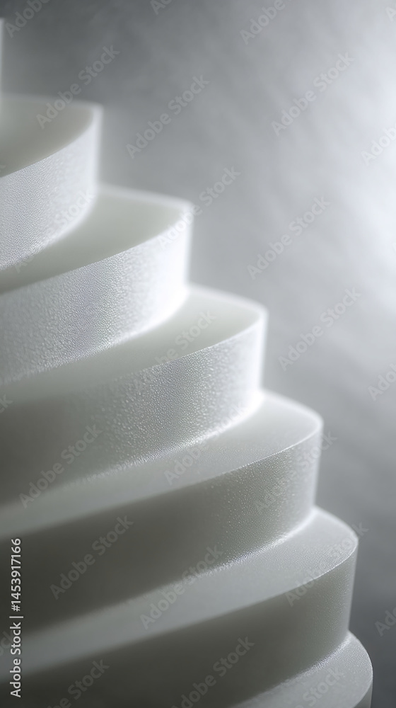 Poster Close-up of textured white layers, creating a smooth, ascending form, showcasing a clean and minimalist aesthetic, ideal for product display or abstract design