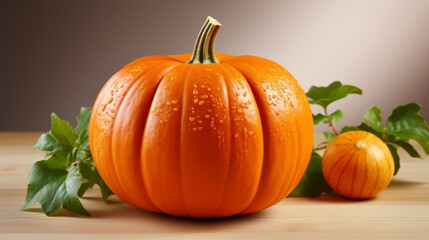 Obraz premium A lone pumpkin on a neutral background reflecting the atmosphere of autumn holidays and harvest