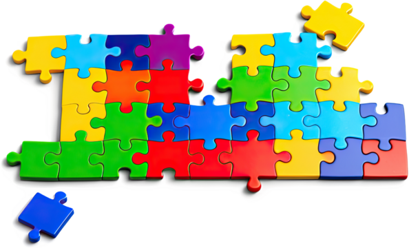 Vibrant puzzle pieces interlock, showing colorful connections, and a sense of completion.
