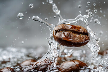 Close-up of a coffee bean splashing in water with dynamic droplets against a blurred background