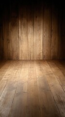 A rustic wooden room with planks on the floor and wall bathed in a single spotlight