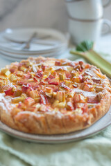 Delicious rhubarb pie with custard 