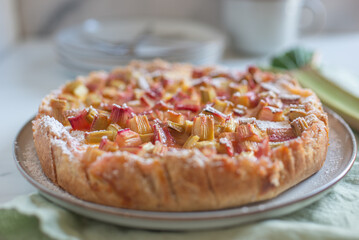 Delicious rhubarb pie with custard 