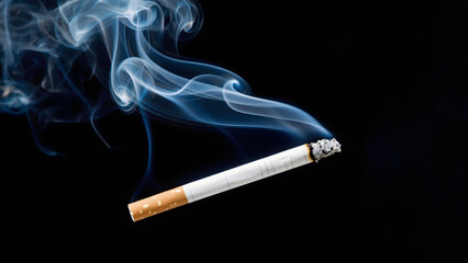 Smoking cigarette with white smoke, an unhealthy habit and narcotic object isolated on a black background, represents addiction and the danger of cancer and death