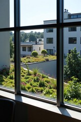Interior Architectural View: Looking Through Floor-to-Ceiling Windows at an Adjacent Building's Lush Vegetated Rooftop Garden