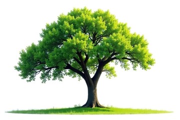 Lone majestic oak tree against pure white backdrop, symbol, natural, leaves