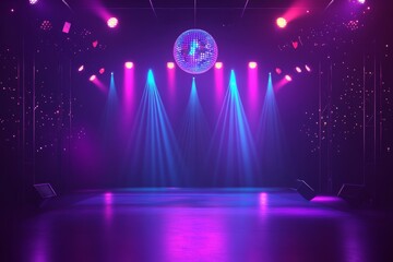 A flat design nightclub has a disco ball situated at the front with a view of the dance floor