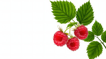 Ripe red raspberries, a sweet and healthy fruit, are isolated in a closeup on a white background, showcasing their freshness	
