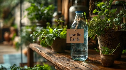 A reusable water bottle with an environmental message