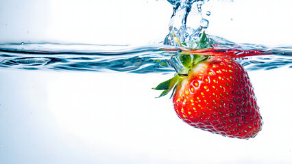 Fresh red strawberries splashing into clear water