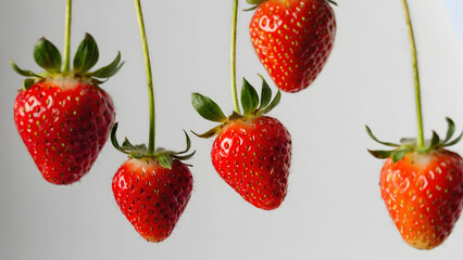 Fresh, ripe red strawberries and juicy berries on a white background, perfect for a healthy summer dessert or sweet treat
