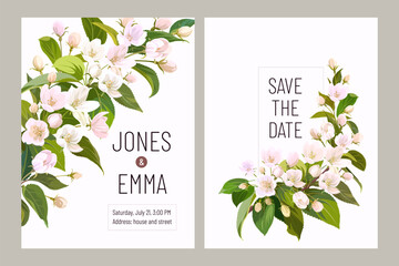 Wedding invitation card. Frame with text and flowers. White Apple on the white Background.
