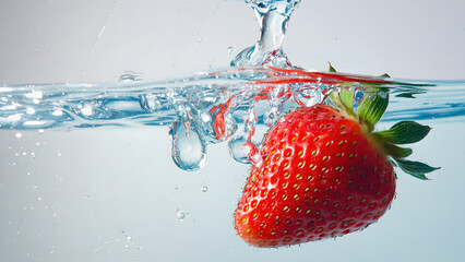 Fresh red strawberries, a healthy fruit, drop with a splash into clear water, creating bubbles