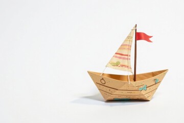 A Charming Handmade Paper Sailboat Model with a Delicate Red Flag and Whimsical Decorations on a Plain White Background