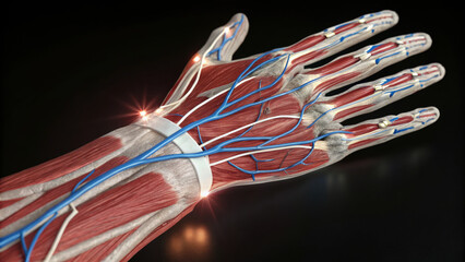 Anatomical Illustration of Human Hand with Muscles and Vessels